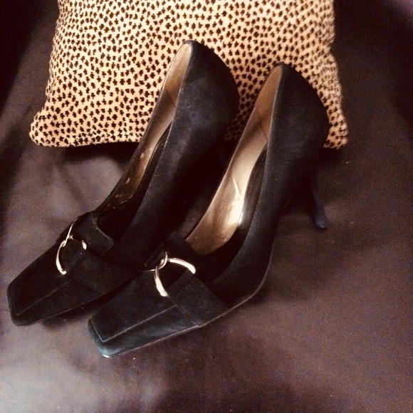 Black Faux Suede square toe stiletto Heel - Picture 1 of 3